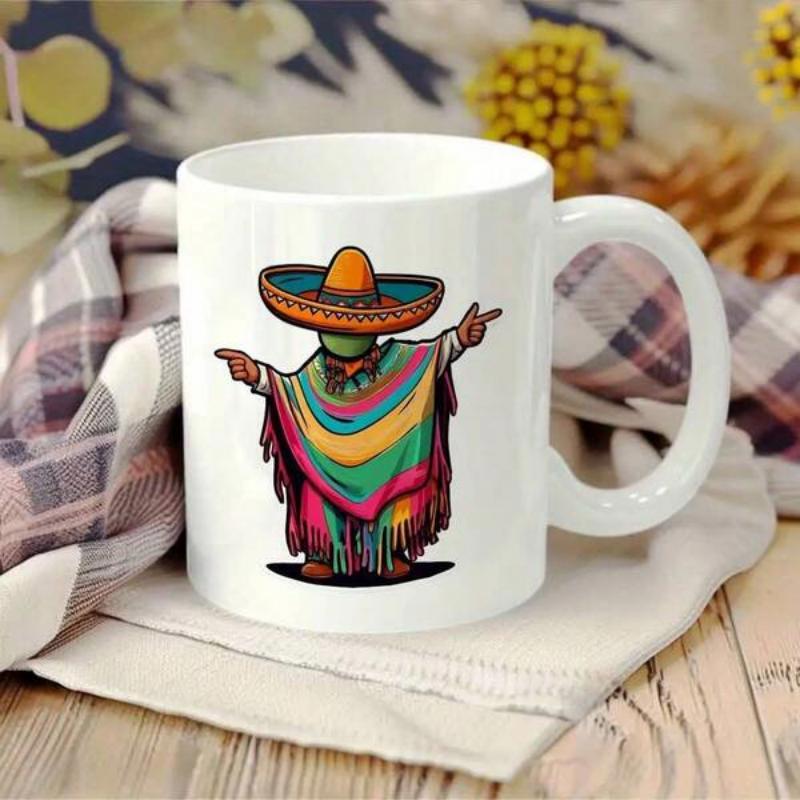 Tailorly White Ceramic 11 oz Mug - Festive Mexican Style Wearing Colorful Striped Poncho And Large Sombrero Cactus
