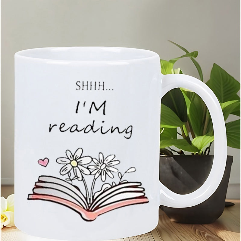 Tailorly White Ceramic 11 oz Mug - Shhh Im Reading Minimalist Hand Drawn Open Book With Blossoming Daisies And Tiny Heart Book