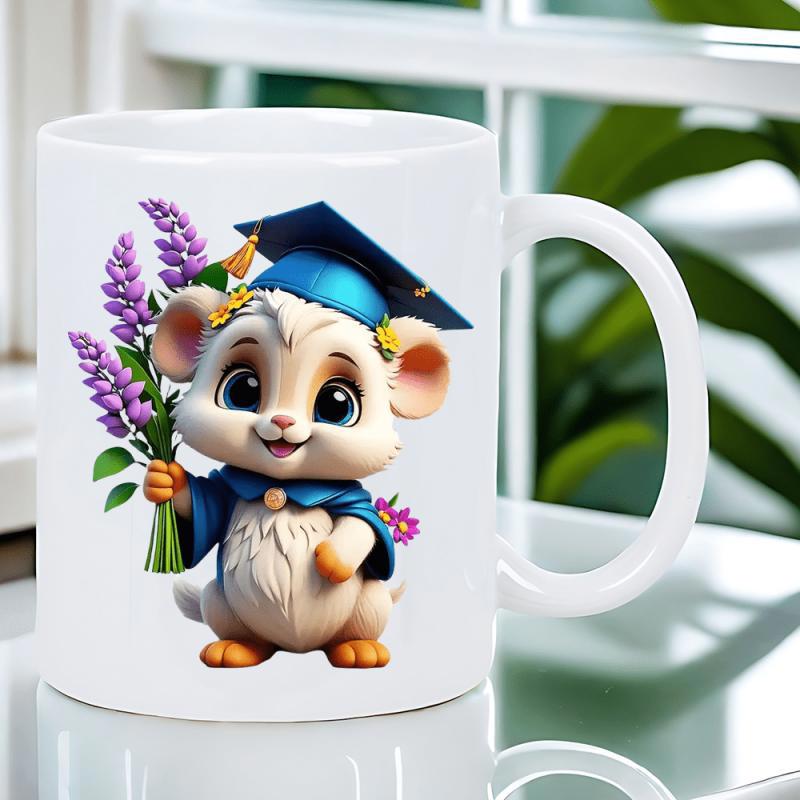 Tailorly White Ceramic 11 oz Mug - Adorable Small Mouse Wearing Blue Graduation Cap Holding Beautiful Purple Flowers Mouse