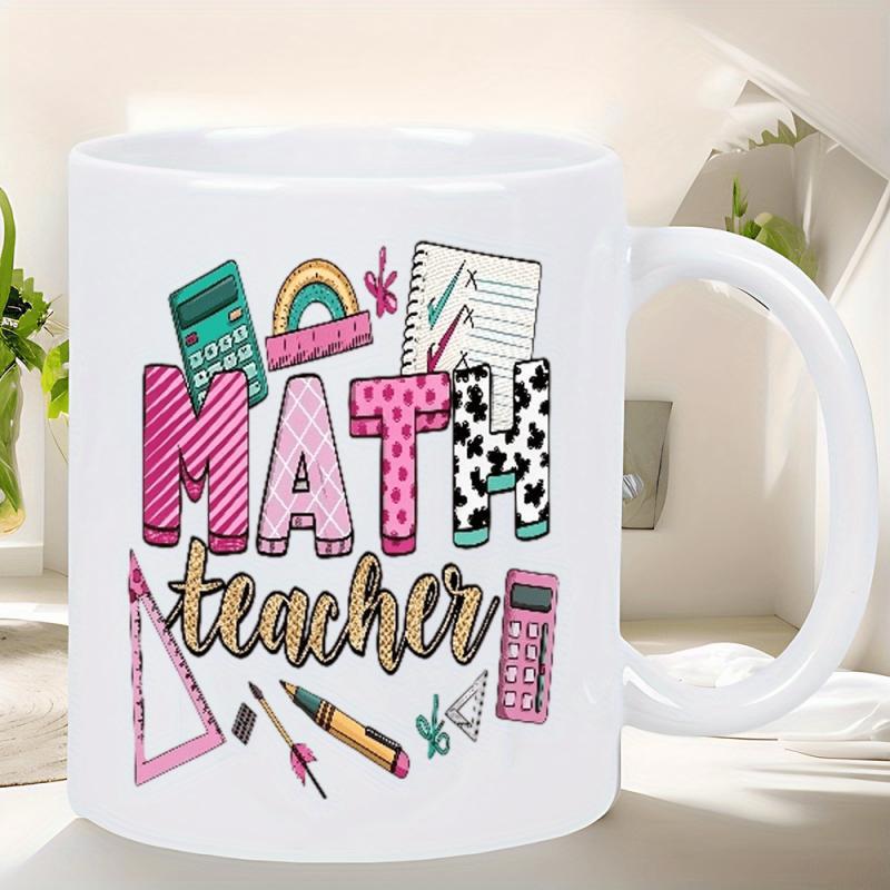 Tailorly White Ceramic 11 oz Mug - Math Teacher Colorful Educational Tools With Pencils Ruler And Rainbow Pattern Mug