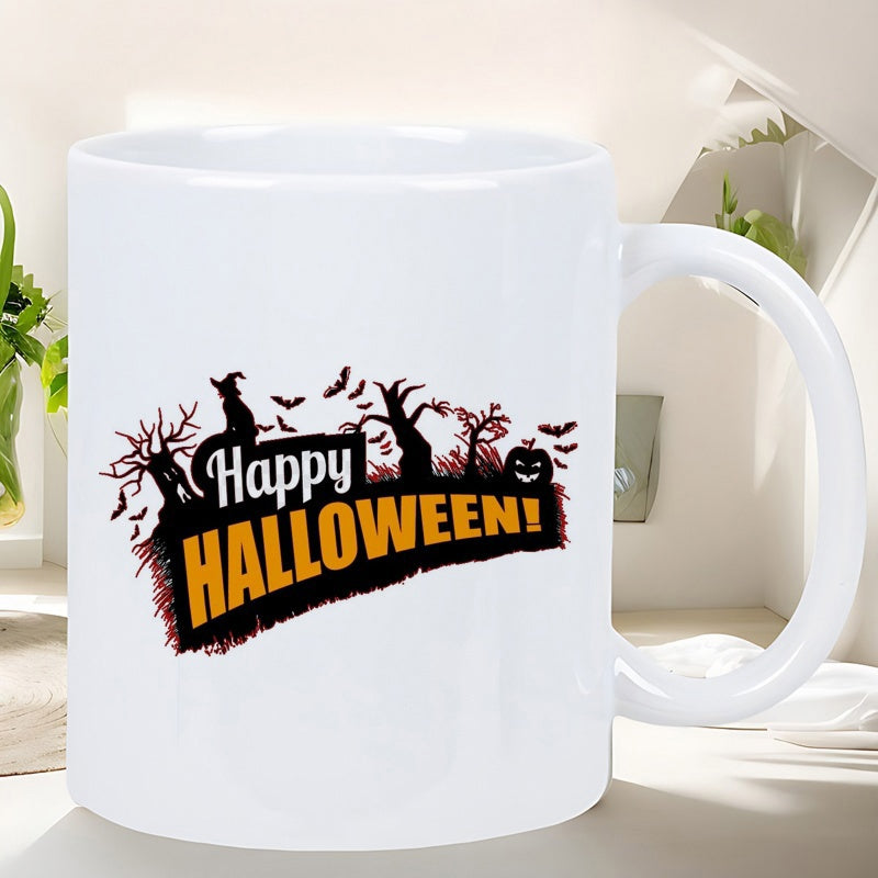 Tailorly White Ceramic 11 oz Mug - Happy Halloween Spooky Silhouette Forest With Flying Bats And A Grinning Pumpkin Mug