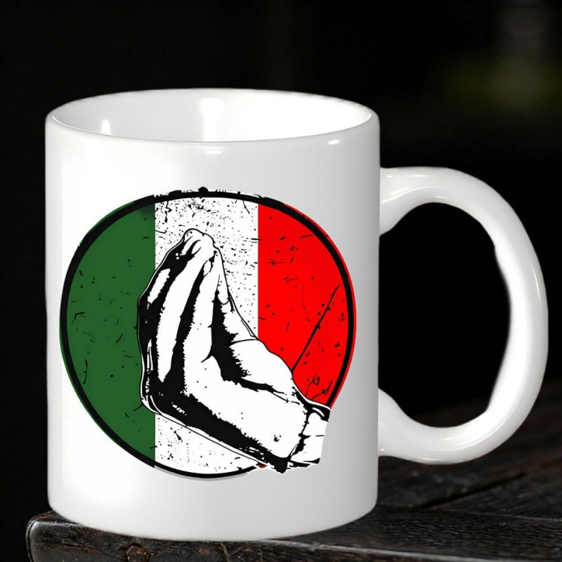 Tailorly White Ceramic 11 oz Mug - Italian Flag Circle Background With Traditional Pinched Finger Gesturing Hand