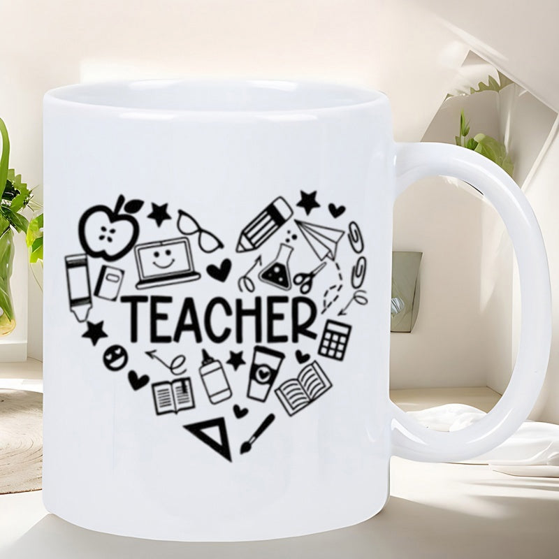 Tailorly White Ceramic 11 oz Mug - Teacher Educational Tools Forming A Heart With Pencil Ruler And Apple Heart