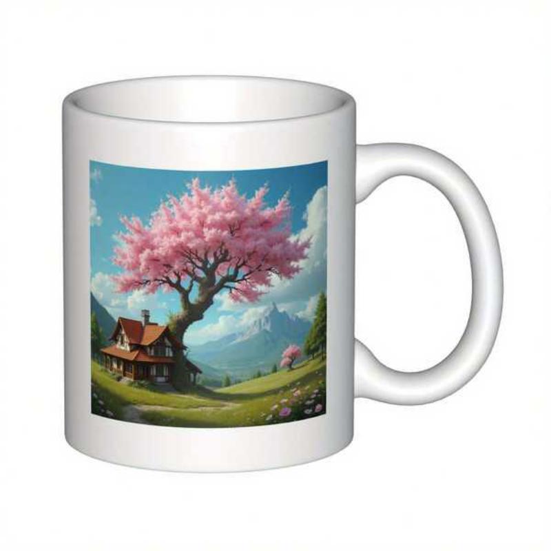 Tailorly White Ceramic 11 oz Mug - Blooming Pink Cherry Blossoms Beside A Cozy Wooden Mountain Cabin Tree