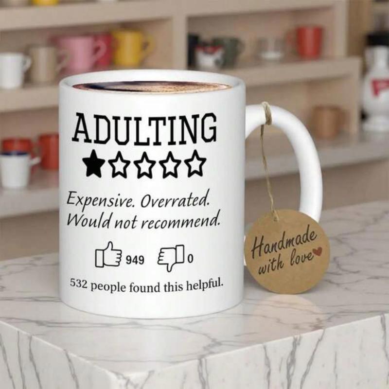Tailorly White Ceramic 11 oz Mug - Adulting Expensive Overrated Would Not Recommend Minimalist White Ceramic With Simple Star Rating And Thumbs Up Icons Mug
