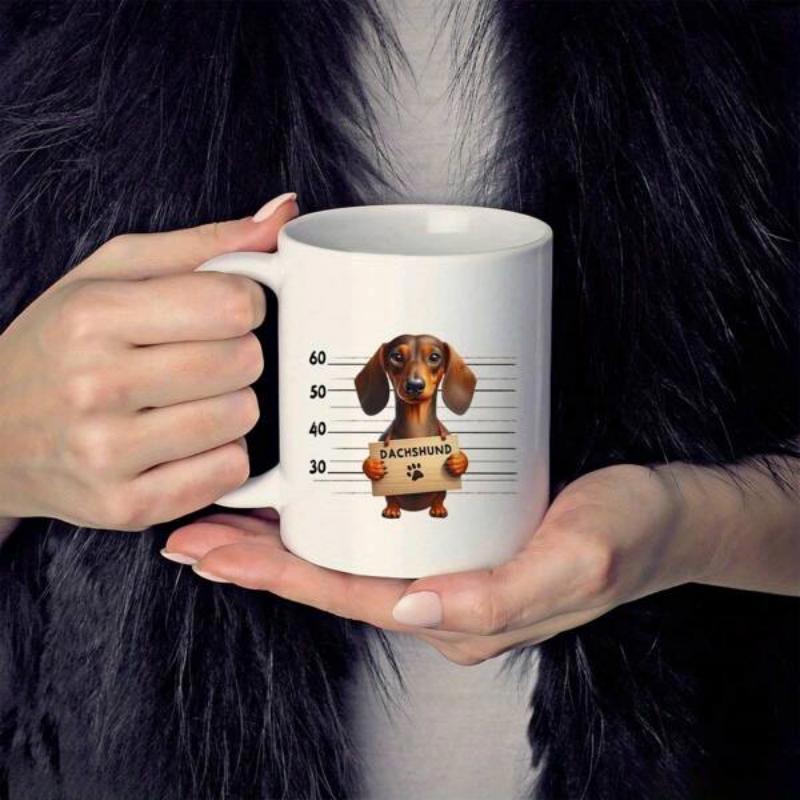 Tailorly White Ceramic 11 oz Mug - Not Guilty Cute Brown Dog Holding A Sign Standing Against Height Chart Dachshund
