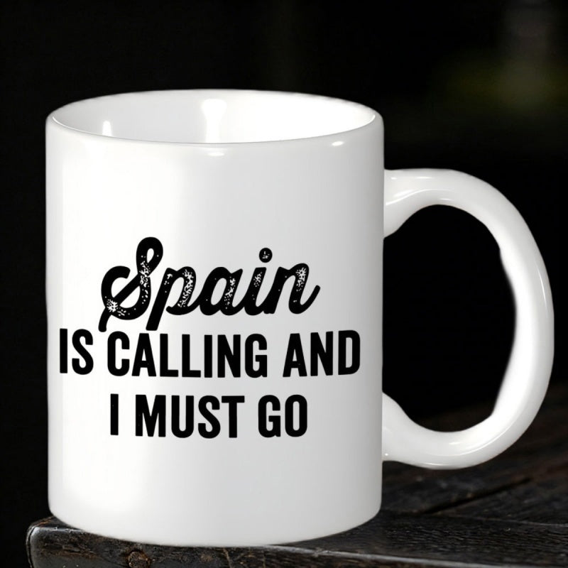 Tailorly White Ceramic 11 oz Mug - Spain Is Calling And I Must Go Elegant Script Combined With Bold Minimalist Typography On Clean Surface Mug