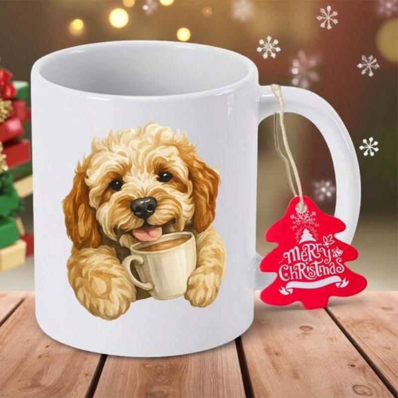 Tailorly White Ceramic 11 oz Mug - Merry Christmas Fluffy Golden Puppy Smiling While Holding A Warm Cup Of Coffee Dog