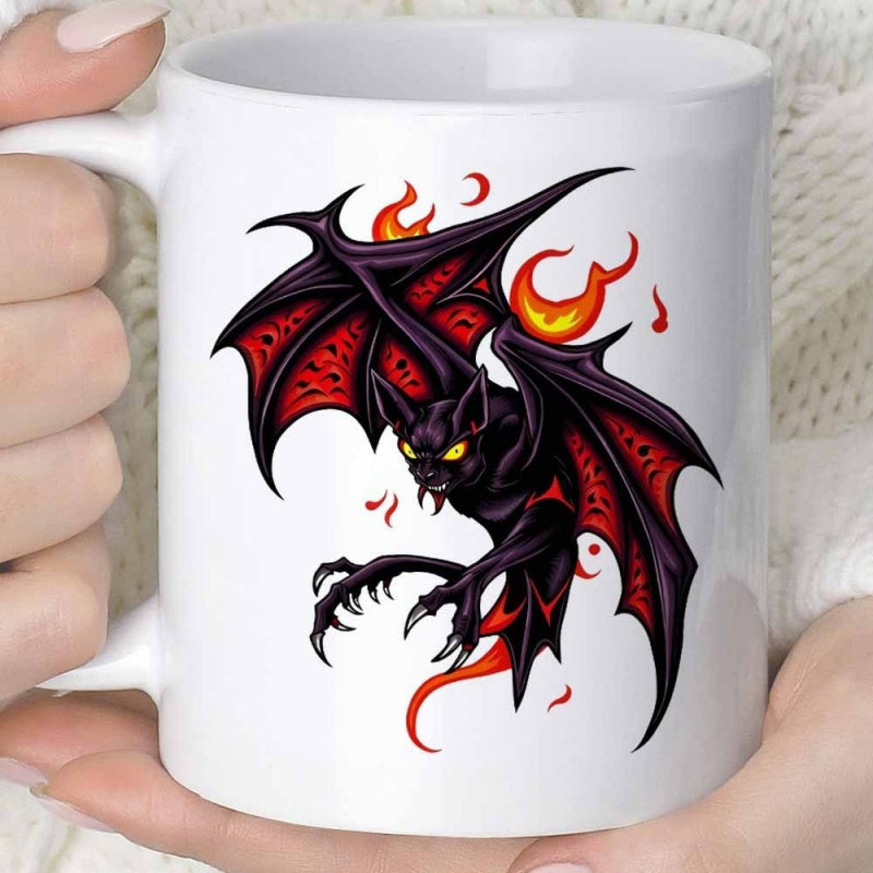 Tailorly White Ceramic 11 oz Mug - Dark Gothic Demon Creature With Flaming Wings And Sharp Claws Bat