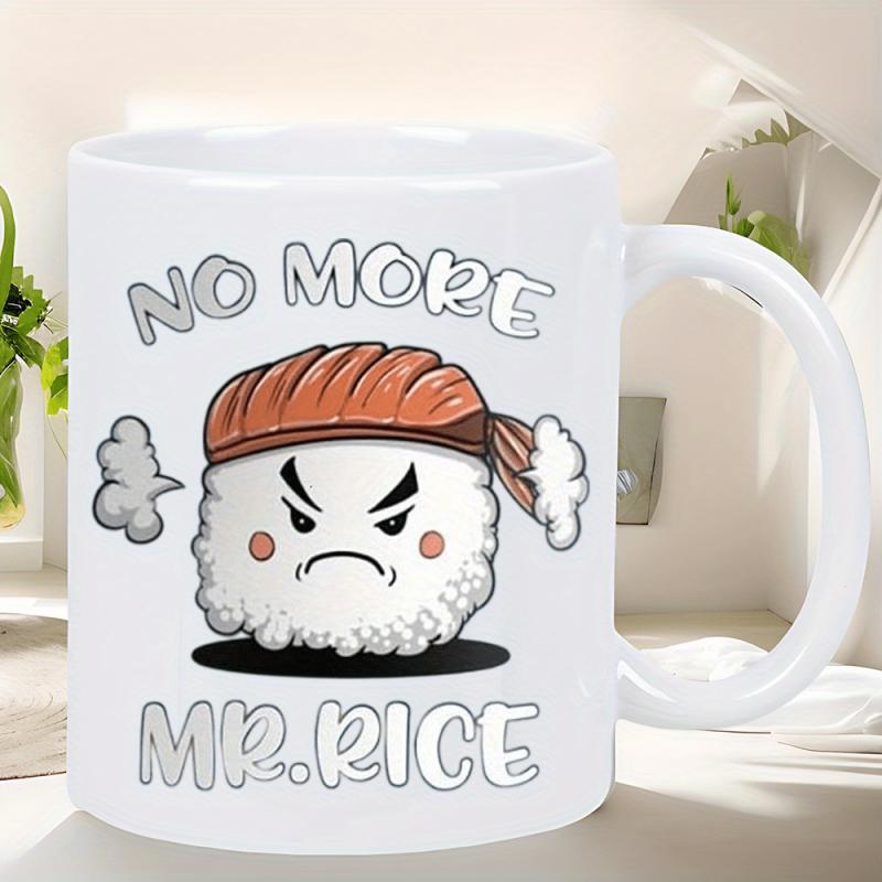 Tailorly White Ceramic 11 oz Mug - No More Mr Rice Angry Character With Headband Steam And Intense Expression Sushi