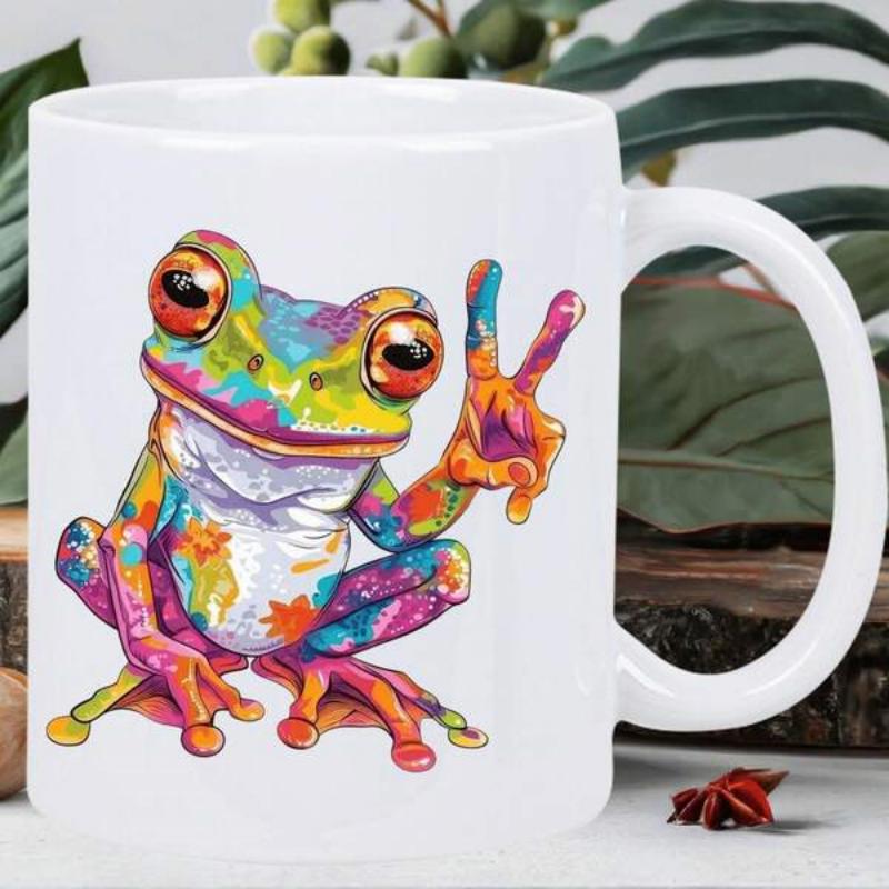 Tailorly White Ceramic 11 oz Mug - Vibrant Colorful Artistic Frog Making Peace Sign With Cheerful Expressive Eyes Frog