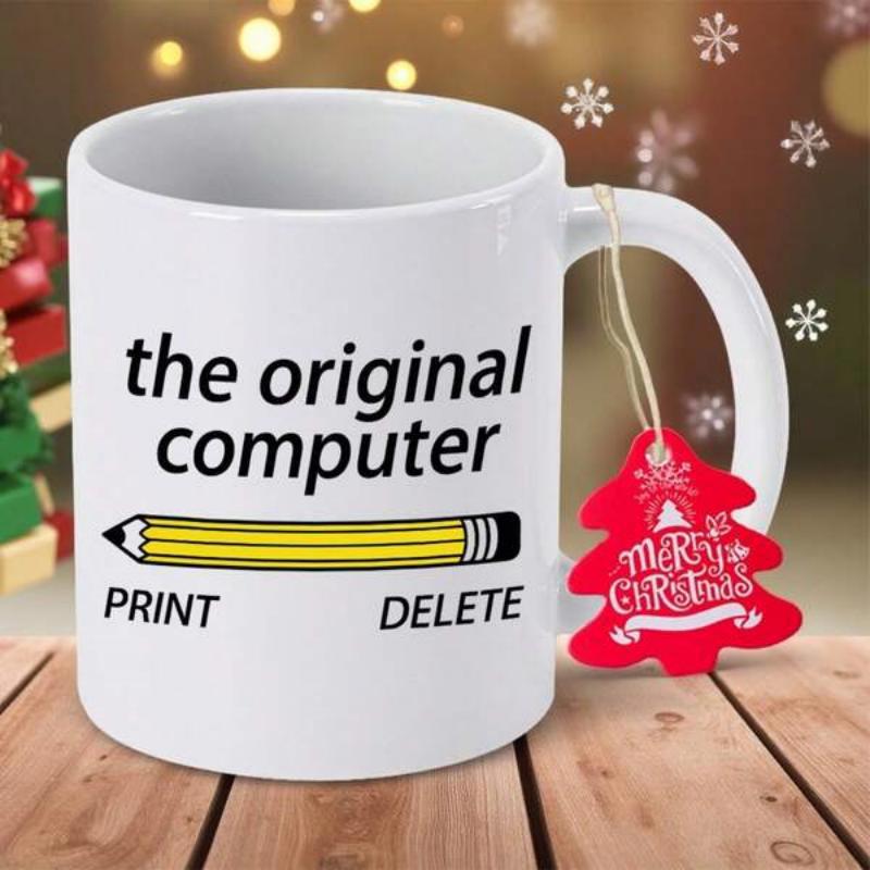 Tailorly White Ceramic 11 oz Mug - The Original Computer Print Delete Simple Yellow Cartoon Writing Instrument Resting On Surface Pencil