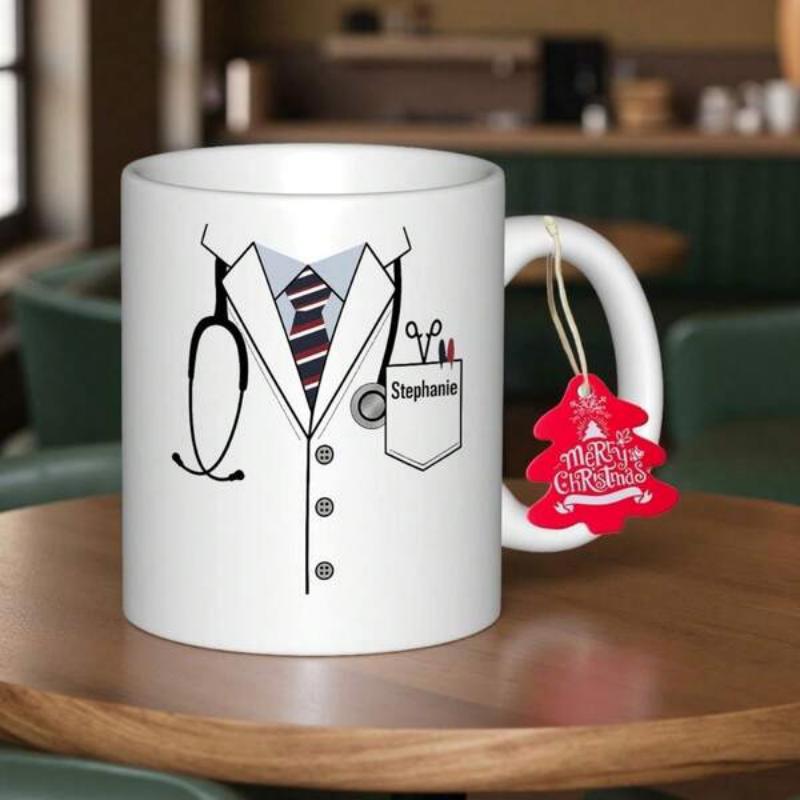 Tailorly White Ceramic 11 oz Mug - Stephanie Professional Medical Lab Coat With Stethoscope And Stylized Necktie Illustration Mug