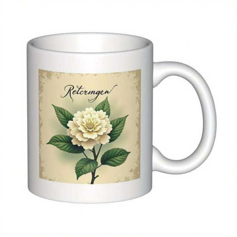 Tailorly White Ceramic 11 oz Mug - Vintage White Rose Blooming Among Green Leaves On Aged Parchment Background Flower