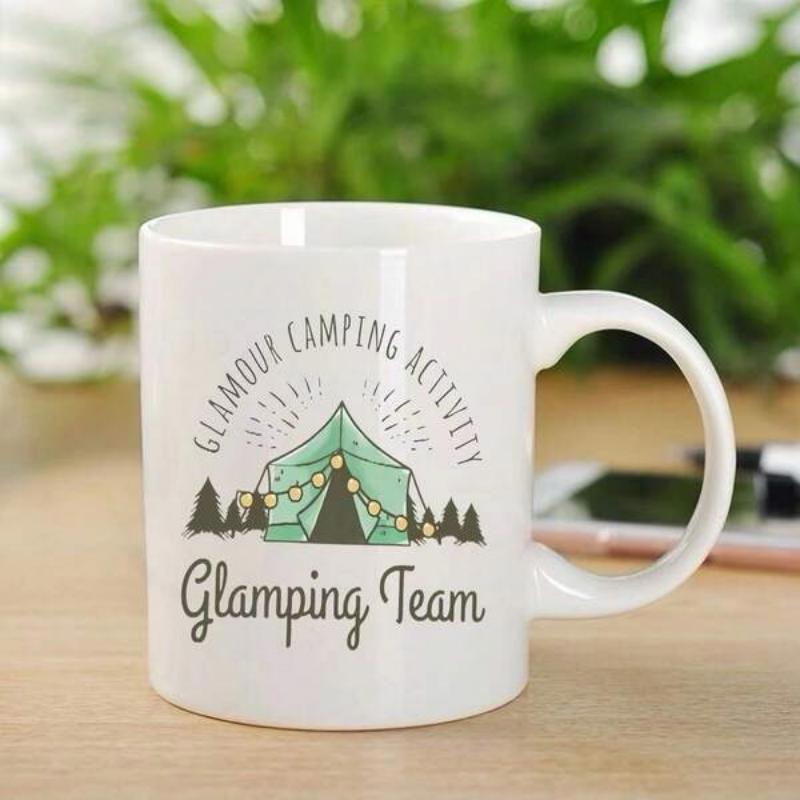 Tailorly White Ceramic 11 oz Mug - Glamour Camping Activity Glamping Team Green Tent With Glowing Fairy Lights Among Pine Trees Tent