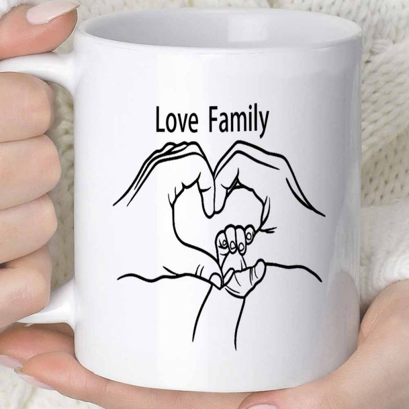 Tailorly White Ceramic 11 oz Mug - Love Family Minimalist Line Art Showing Adult Hands Forming Heart With Baby Hand