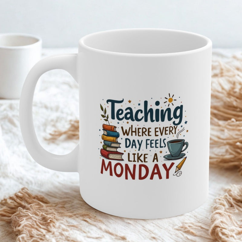 Tailorly White Ceramic 11 oz Mug - Teaching Where Every Day Feels Like A Monday Stack Of Colorful Books And Steaming Cup Of Coffee Under Sun Mug