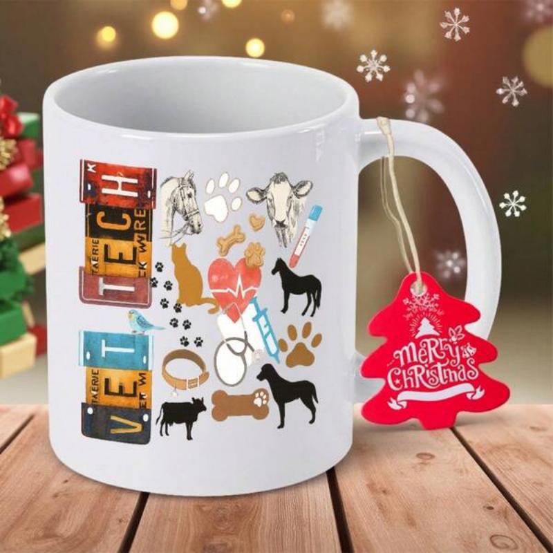 Tailorly White Ceramic 11 oz Mug - Vet Tech Various Animal Silhouettes With Medical Tools And Vintage Plate Letters Animals
