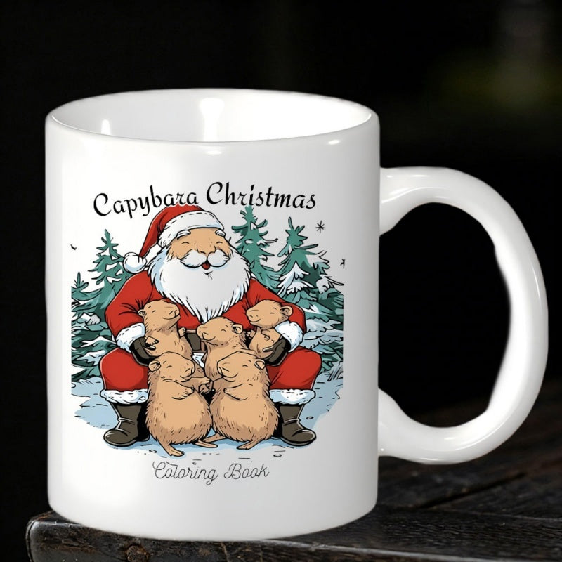 Tailorly White Ceramic 11 oz Mug - Capybara Christmas Coloring Book Joyful Santa Claus Holding Little Capybaras Among Snowy Pine Trees Santa