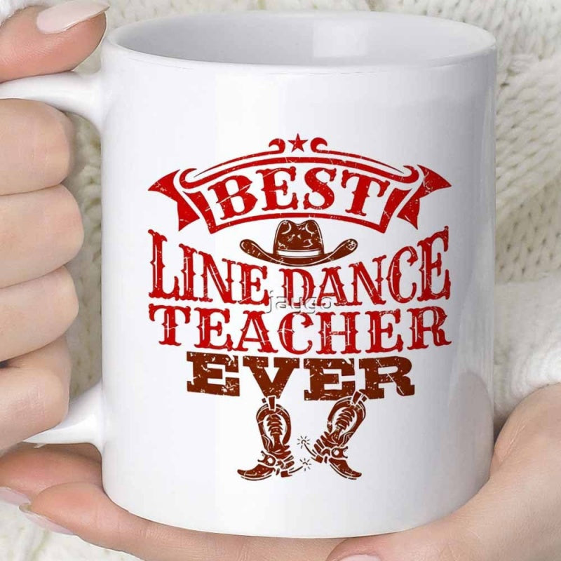 Tailorly White Ceramic 11 oz Mug - Best Line Dance Teacher Ever Vintage Western Design With Distressed Ribbons And Rustic Detailed Boots Cowboy Hat