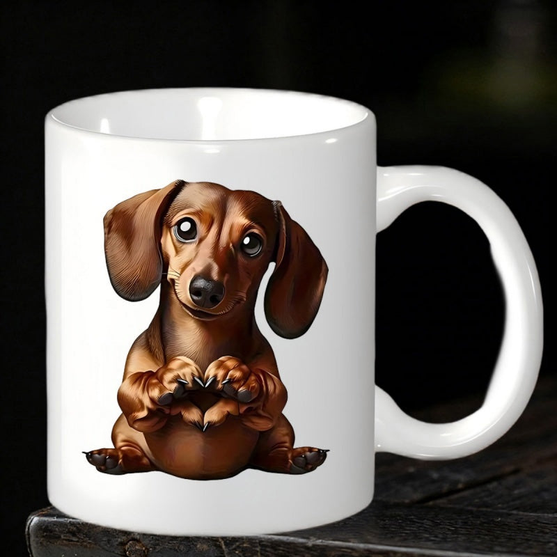 Tailorly White Ceramic 11 oz Mug - Adorable Brown Puppy Sitting And Making A Heart Gesture With Paws Dachshund