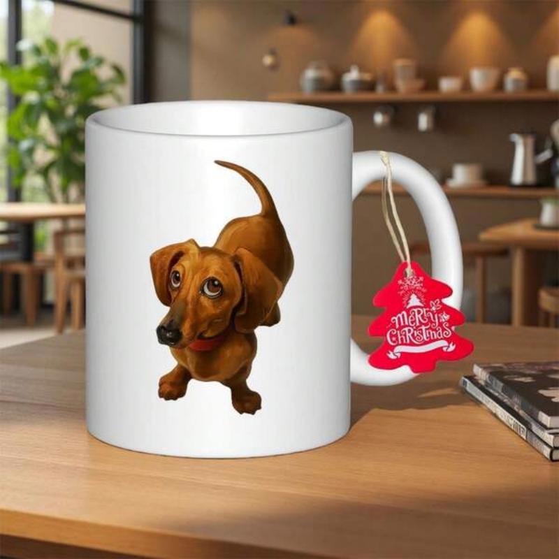 Tailorly White Ceramic 11 oz Mug - Charming Brown Long Bodied Dog Looking Up With Big Expressive Eyes Dachshund