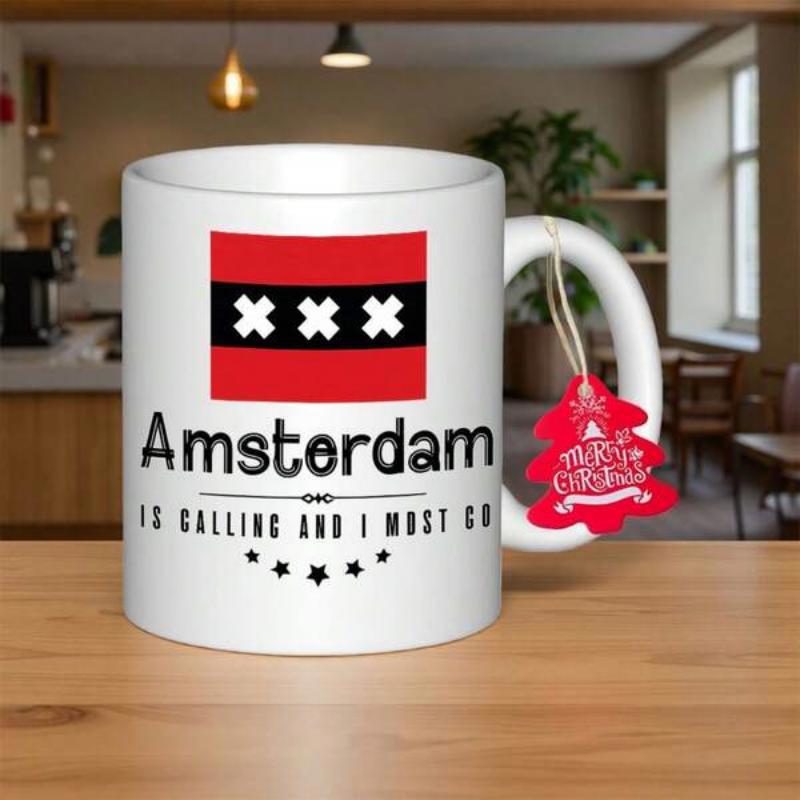 Tailorly White Ceramic 11 oz Mug - Amsterdam Is Calling And I Must Go Vibrant Red Black Flag Featuring Three White Crosses Ceramic Souvenir Mug