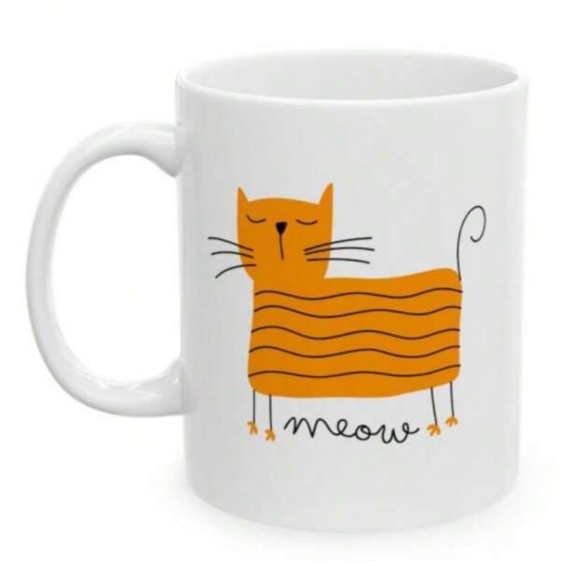 Tailorly White Ceramic 11 oz Mug - Meow Whimsical Orange Striped Feline Standing With Curly Tail And Tiny Paws Cat