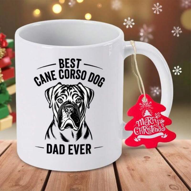 Tailorly White Ceramic 11 oz Mug - Best Cane Corso Dog Dad Ever Strong Majestic Cane Corso Breed Profile In Detailed Black Line Art Dog