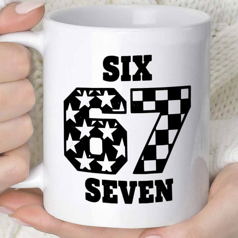 Tailorly White Ceramic 11 oz Mug - Six Seven Large Bold Number With Stars And Checkered Pattern Mug