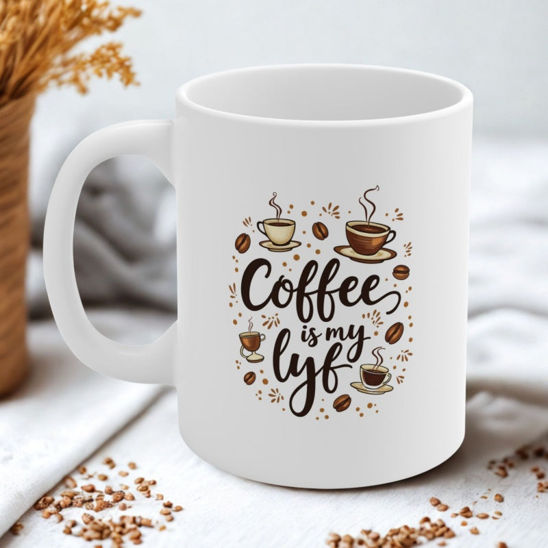 Tailorly White Ceramic 11 oz Mug - Coffee Is My Lyf Aromatic Steaming Coffee Cups Surrounded By Scattered Brown Coffee Beans Mug