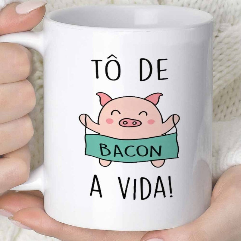 Tailorly White Ceramic 11 oz Mug - Bacon Adorable Smiling Pink Animal Holding A Green Little Banner Pig