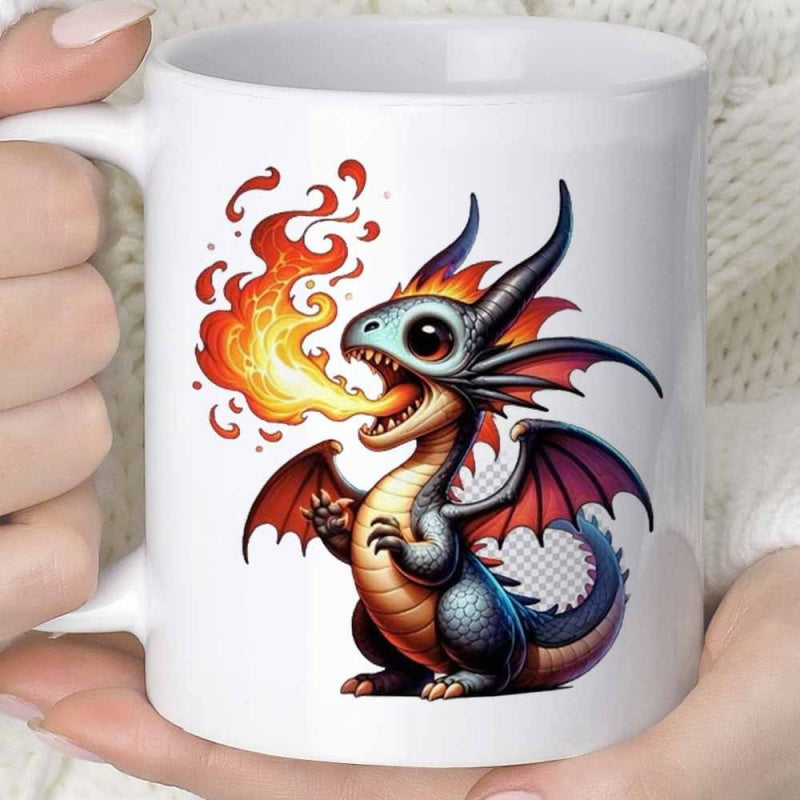 Tailorly White Ceramic 11 oz Mug - Vibrant Orange Fire Breathing From A Cute Mythical Small Fantasy Creature Dragon