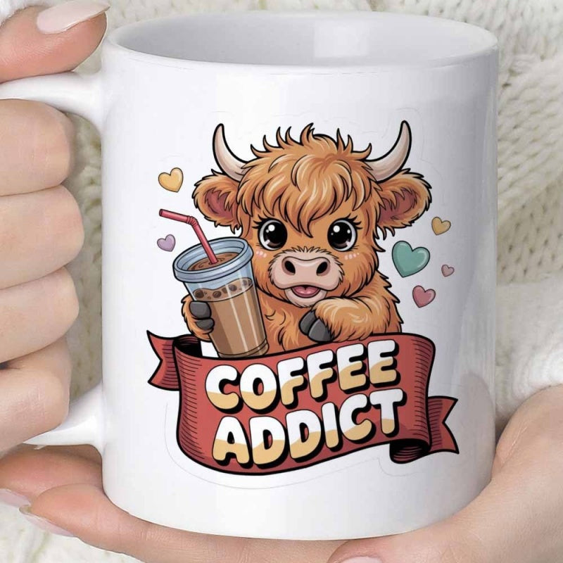 Tailorly White Ceramic 11 oz Mug - Coffee Addict Fluffy Highland Calf Holding Refreshing Iced Drink With Colorful Floating Hearts Cow