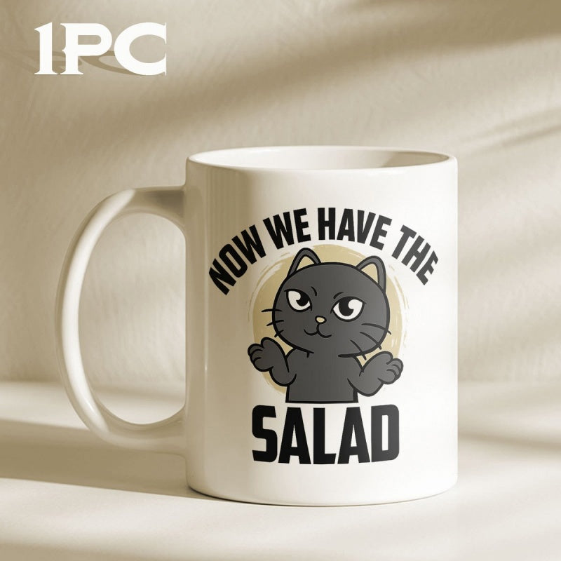 Tailorly White Ceramic 11 oz Mug - Now We Have The Salad Cute Cartoonish Black Kitten Shrugging Its Paws Against Circular Backdrop Cat