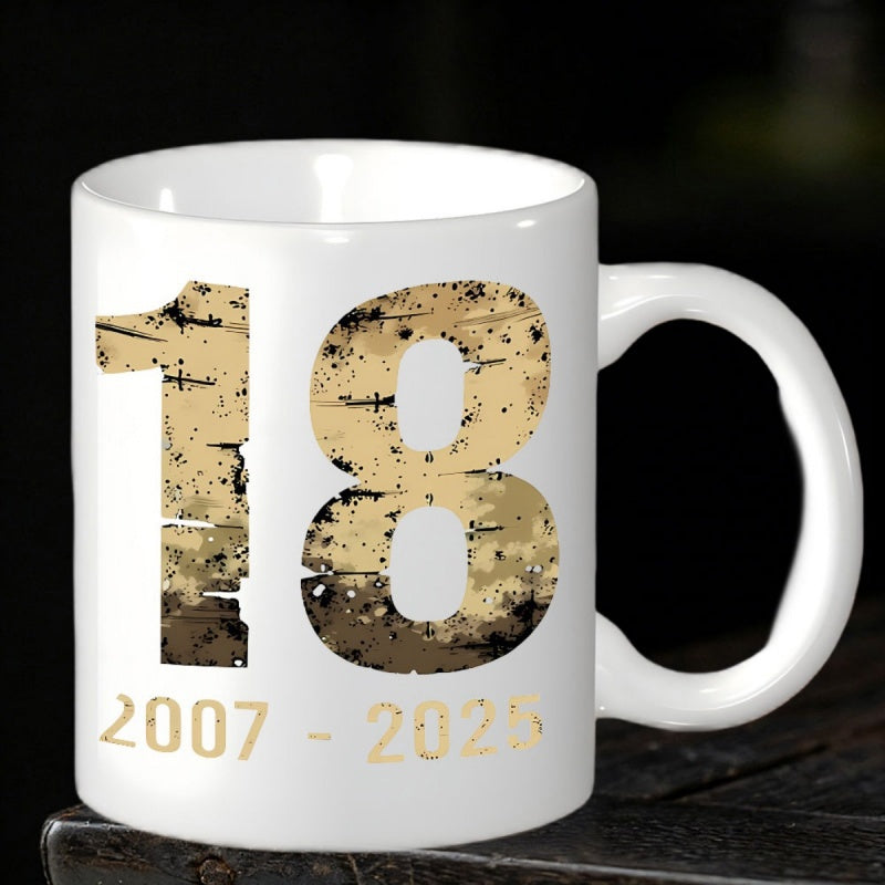Tailorly White Ceramic 11 oz Mug - 2007 2025 Distressed Camouflage Patterned White Ceramic Textured Commemorative Anniversary Mug