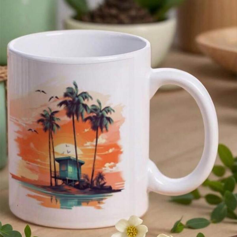 Tailorly White Ceramic 11 oz Mug - Vibrant Tropical Sunset Casting Warm Glow Behind Tall Swaying Palm Tree