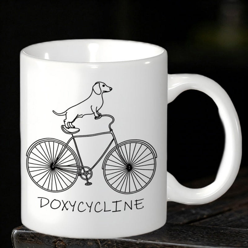 Tailorly White Ceramic 11 oz Mug - Doxycycline Minimalist Line Art Dachshund Dog Standing On A Classic Vintage Bicycle