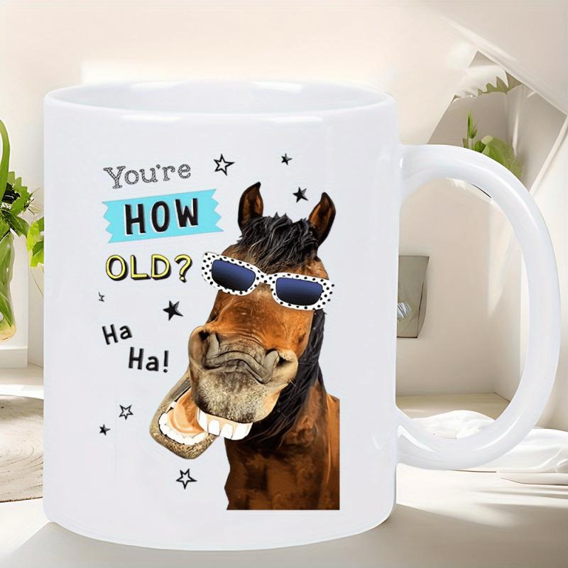 Tailorly White Ceramic 11 oz Mug - Youre How Old Ha Ha Humorous Brown Stallion Wearing Blue Sunglasses Among Tiny Stars Horse