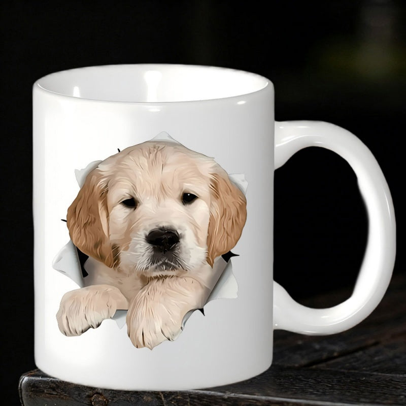 Tailorly White Ceramic 11 oz Mug - Adorable Golden Retriever Puppy Peeking Through A Realistic Torn Paper Effect Dog