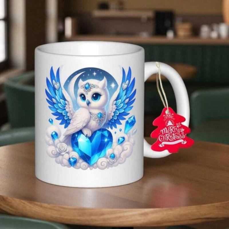 Tailorly White Ceramic 11 oz Mug - Merry Christmas Majestic White Owl Perched On A Glowing Blue Heart Among Clouds Owl