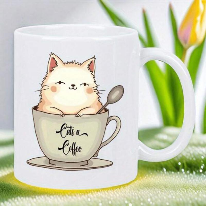 Tailorly White Ceramic 11 oz Mug - Cats A Coffee Adorable Fluffy Kitten Resting In Warm Cup Holding Tiny Metallic Spoon Cat