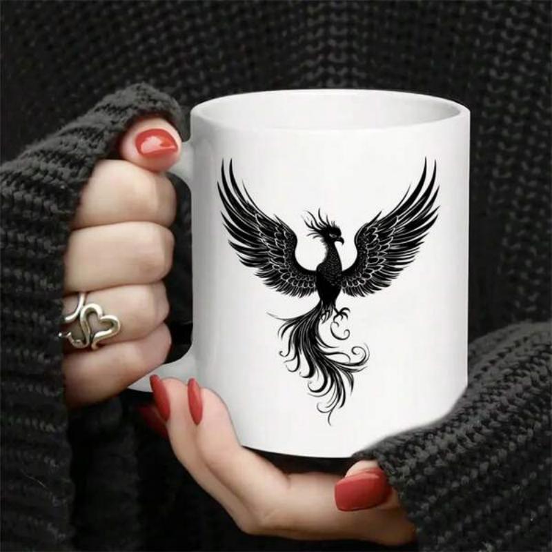 Tailorly White Ceramic 11 oz Mug - Majestic Mythical Creature Spreading Large Intricate Wings With Flowing Tail Phoenix