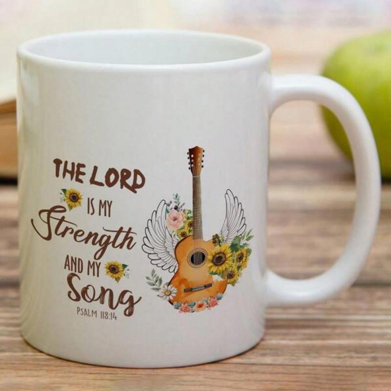 Tailorly White Ceramic 11 oz Mug - The Lord Is My Strength And My Song Psalm 28 7 Elegant Acoustic Wooden Instrument With Angelic Wings And Bright Sunflowers