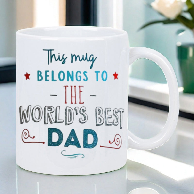 Tailorly White Ceramic 11 oz Mug - This Mug Belongs To The Worlds Best Dad Sentimental Typography Featuring Decorative Red Stars And Elegant Swirls Mug
