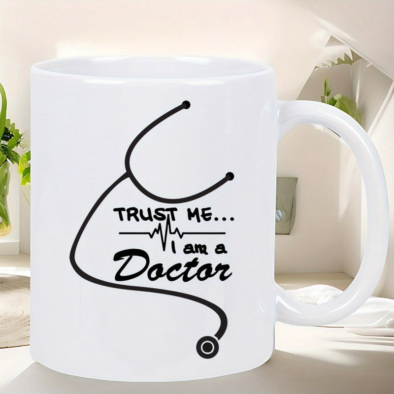 Tailorly White Ceramic 11 oz Mug - Trust Me I Am A Doctor Minimalist Medical Stethoscope Outline With A Pulsing Heartbeat Line Stethoscope