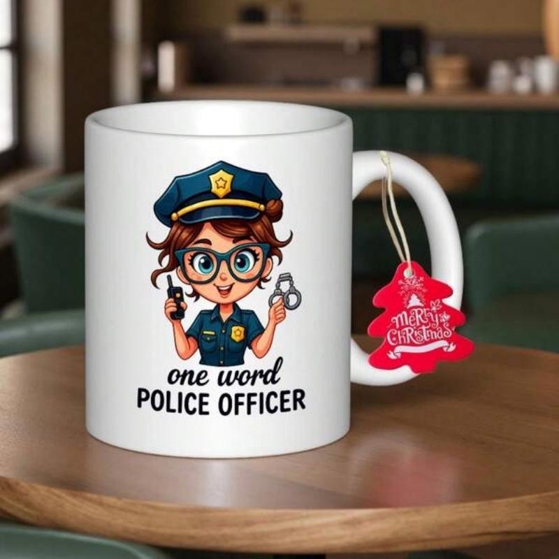 Tailorly White Ceramic 11 oz Mug - One Word Police Officer Cute Cartoon Female Character Wearing Uniform And Glasses Officer