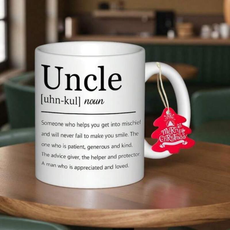 Tailorly White Ceramic 11 oz Mug - Uncle Merry Christmas Minimalist White Ceramic Material Resting On A Polished Wooden Table Mug