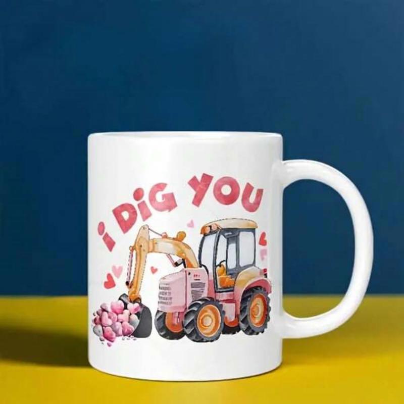 Tailorly White Ceramic 11 oz Mug - I Dig You Cute Pink Vehicle Moving Hearts Under Small Floating Love Symbols Excavator