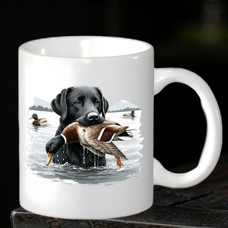 Tailorly White Ceramic 11 oz Mug - Loyal Hunting Black Dog Retrieving A Mallard From Calm Rippling Water Labrador